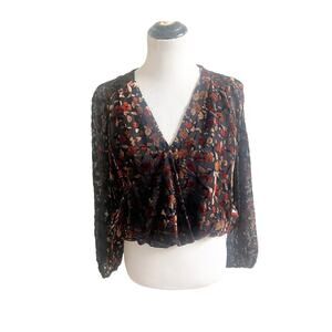 ASTR Burnout Velvet Cropped Faux Wrap Top Womens S Black Floral Viscose Elegant
